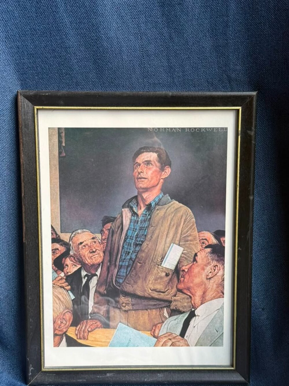 1980s Vintage Norman Rockwell Freedom of Speech Framed Art Print Americana 12x9